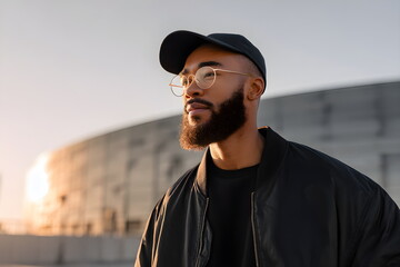 Young Afroamerican man wearing glasses and cap outdoors during sunset