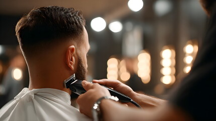 Man getting a haircut by barber with clippers in modern salon