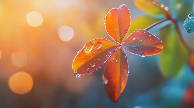 Beautiful close-up of water droplets on vibrant green and red leaves