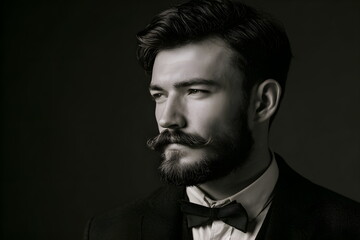 Obraz premium Stylish man with an old fasioned beard and bowtie posing against dark background 
