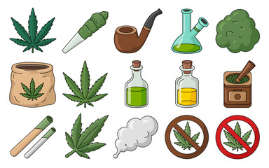 Collection of cannabis related elements with marijuana leaves joints and smoking accessories in flat design style for various uses