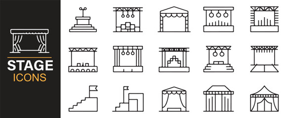 Minimalist vector icons of stages for concerts, theaters, and entertainment events.