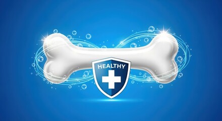 A stylized bone with a health shield symbolizing pet wellness against a vibrant blue background