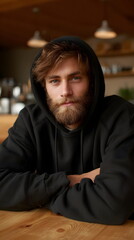 Obraz premium Young man with messy beard wearing hoodie sitting at wooden table 