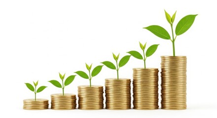 Growth of green plants emerging from stacks of coins, symbolizing financial prosperity and sustainability
