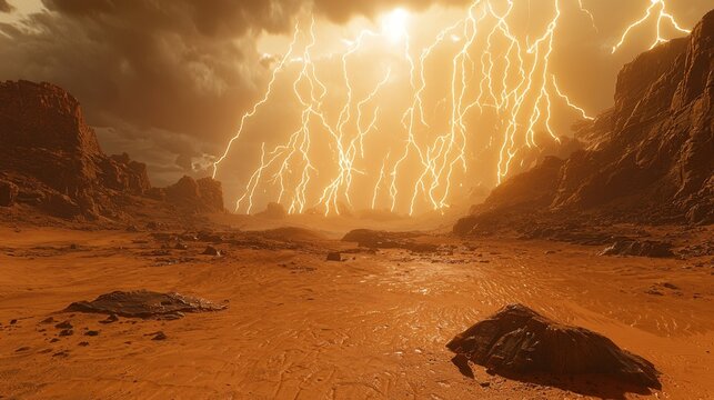 Dramatic lightning storm illuminating a rugged desert canyon with vibrant electrical discharges splitting the stormy sky during a thunderstorm