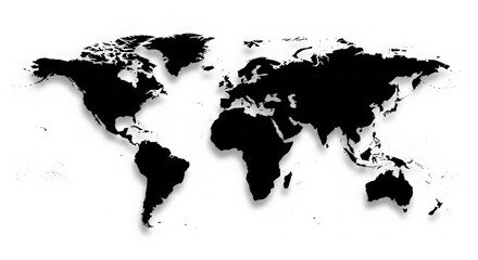 Black and white world map silhouette with shadows, ideal for educational or travel-related content