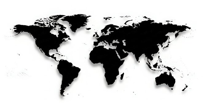 Black and white world map silhouette with shadows, ideal for educational or travel-related content