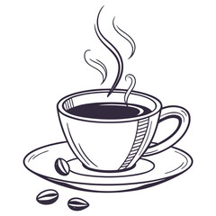 Steaming cup of coffee with beans drawing