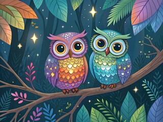 Two colorful owls perched on a branch at night surrounded by foliage and stars