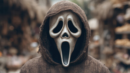 Halloween screaming shock person wearing screaming ghost mask in brown hooded cloak creates shock effect perfect for halloween celebration