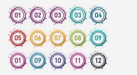 Colorful abstract circles with numbers arranged in a grid pattern, showcasing design elements for backgrounds