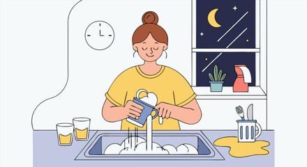 Young woman washing dishes at kitchen sink under moonlight sky
