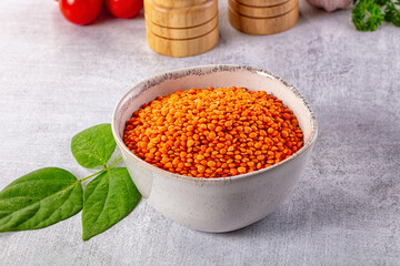 Raw dry red lentil in the bowl