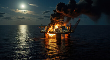 Fototapeta premium Burning ocean oil rig causing severe pollution on the sea