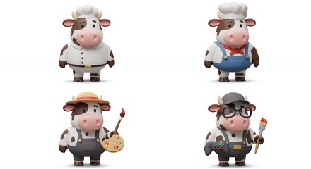 Cartoon cow characters in various professions