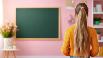 Girl in orange sweater stands before chalkboard in a bright classroom