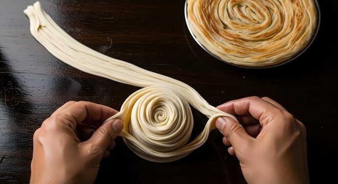 Close-Up Preparation of Layered Parotta Dough, Traditional South Indian Flatbread