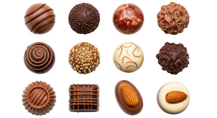 Assortment of gourmet chocolates and pralines with various fillings and toppings, isolated on transparent background