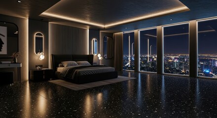 Luxurious Modern Bedroom with Panoramic Cityscape View at Night