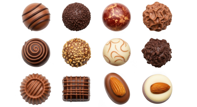 Assortment of gourmet chocolates and pralines with various fillings and toppings, isolated on transparent background
