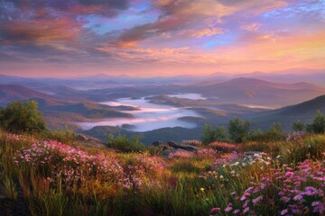 Scenic Mountain Landscape with Foggy Valley Wildflowers at Sunrise
