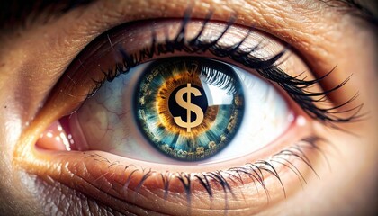 A close-up of an eye with a dollar sign in the iris, symbolizing wealth and financial vision.