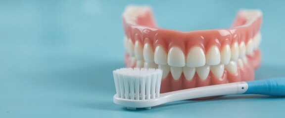 Obraz premium Clean Denture Concept False Teeth with a Toothbrush for Hygiene and Sanitation.