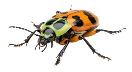 A detailed macro photograph of an orange and black spotted ladybug beetle with green markings, isolated on a transparent background