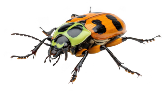A detailed macro photograph of an orange and black spotted ladybug beetle with green markings, isolated on a transparent background