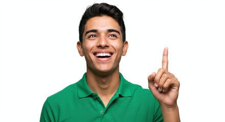 Young hispanic man in green polo shirt, pointing finger upward with cheerful smile, isolated on white background. Generative AI