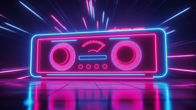 A vibrant neon radio exuding retro 80s vibes and energetic atmosphere.