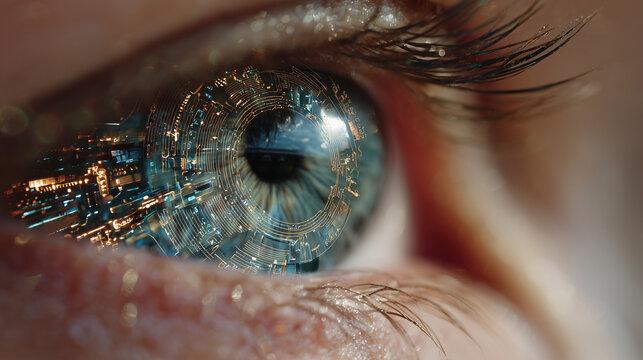 An extreme close-up of a beautiful bionic eye with a futuristic data overlay for augmented vision. - Powered by Adobe