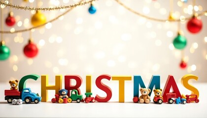 Bright Christmas letters with teddy bears, children's toys and a place for text.