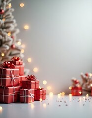 Lots of red gifts on a Christmas tree background, grey background with gold sequins, a place for text. Christmas background. 