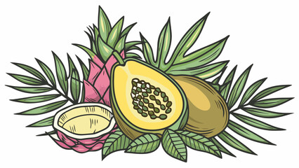 Illustration of tropical fruits including papaya dragon fruit and palm leaves arrangement design element