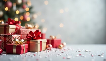Obraz premium Lots of red gifts on a Christmas tree background, grey background with gold sequins, a place for text. Christmas background. 
