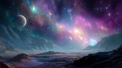 A vibrant nebula lights up the starry alien sky above a rugged and mysterious landscape with planets