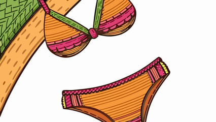 Illustration of a bikini top and bottoms with a green patterned beach bag on a white background