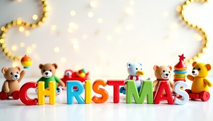 Bright Christmas letters with teddy bears, children's toys and a place for text.