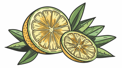 Illustration showing two sliced oranges with green leaves arranged around them in a decorative manner