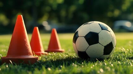 Soccer Ball and Training Cones on Grass Field in Natural Light