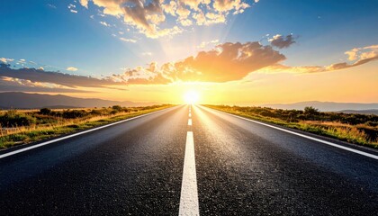A picturesque view of a long, straight road leading toward a vibrant sunset, surrounded by lush greenery and dramatic clouds.