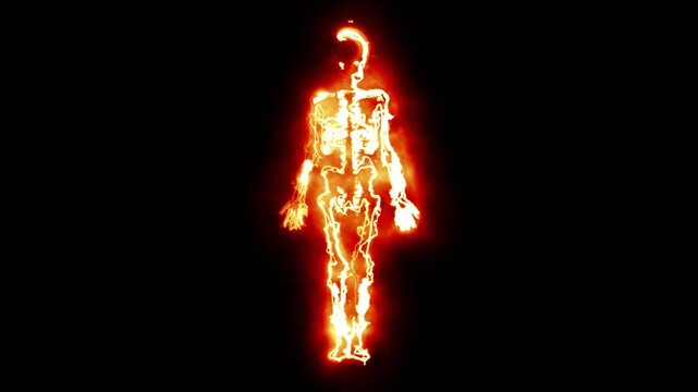 Scary human skeleton symbol with fire sparks effect on plain black background