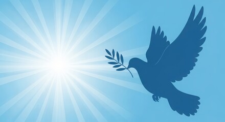 Obraz premium Peaceful dove carrying an olive branch against a bright blue sky with sun rays symbolizing hope