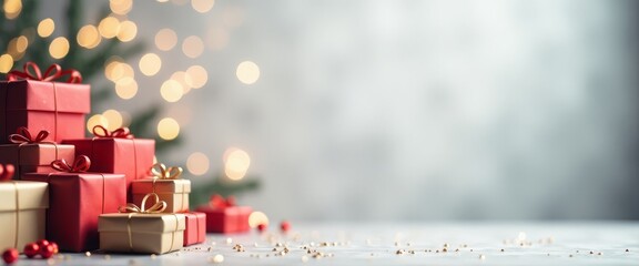 Lots of gifts in red and yellow boxes with a white bow on the background of a Christmas tree, a place for text.  The banner.