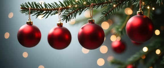 There are red Christmas balls hanging on the green Christmas tree, the garland is glowing, the lights are on, a gray background with gold sparkles, a place for text. Christmas background.