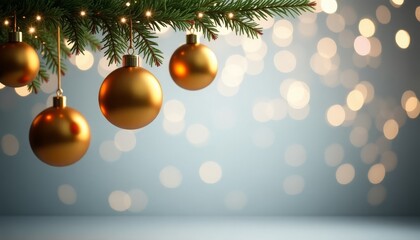 Golden Christmas balls are hanging on a green Christmas tree, a garland is glowing, lights are on, a gray background with golden sequins, a place for text. Christmas background.