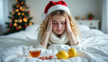 A young blonde woman lies on a white bed in a Santa hat, clutching her head in her hands, her head hurts. There is a glass mug with chamomile tea and pills in front of the bed.