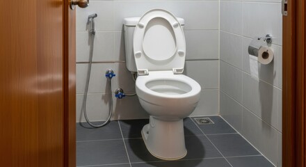 Clean white toilet in a modern tiled bathroom